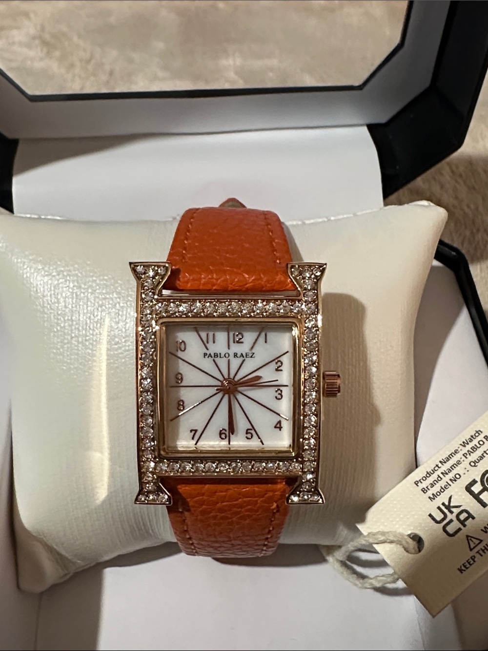 Women's Orange Leather Crystal-Trim Watch